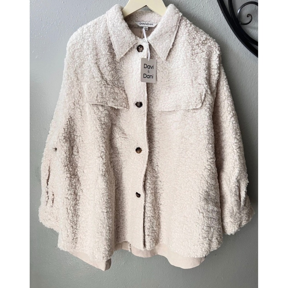 Davi & Dani Womens Cream Sherpa Teddy Shacket Oversized Button Front Jacket S